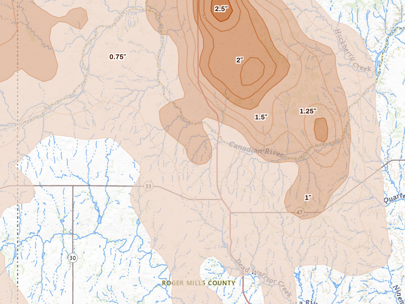 Radar-estimated hail-size map of the storm over Crawford, OK on Jun 23, 2026