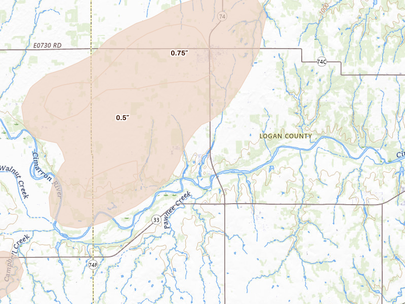 Radar-estimated hail-size map of the storm over Crescent, OK on Apr 23, 2026