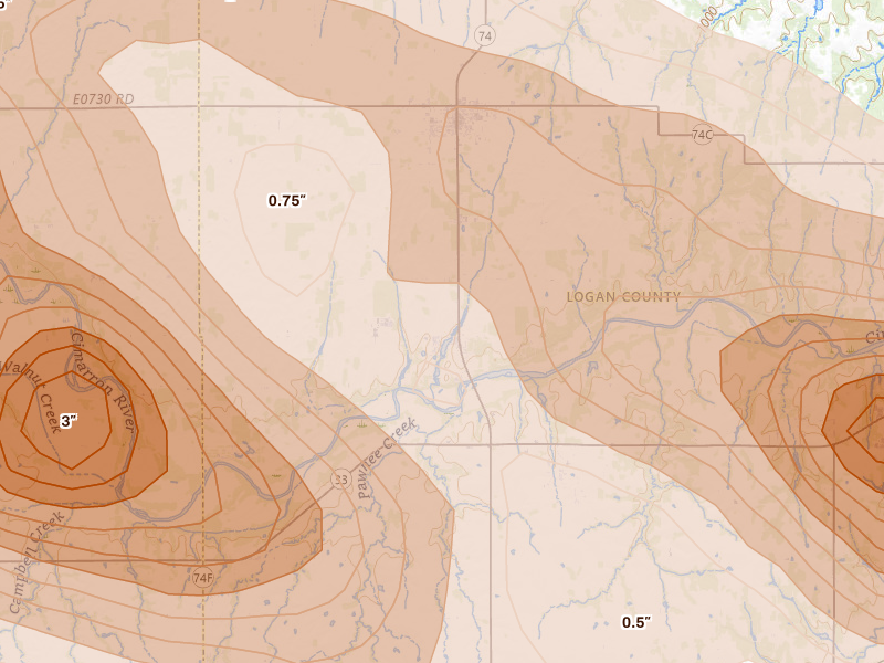 Radar-estimated hail-size map of the storm over Crescent, OK on Jun 26, 2026