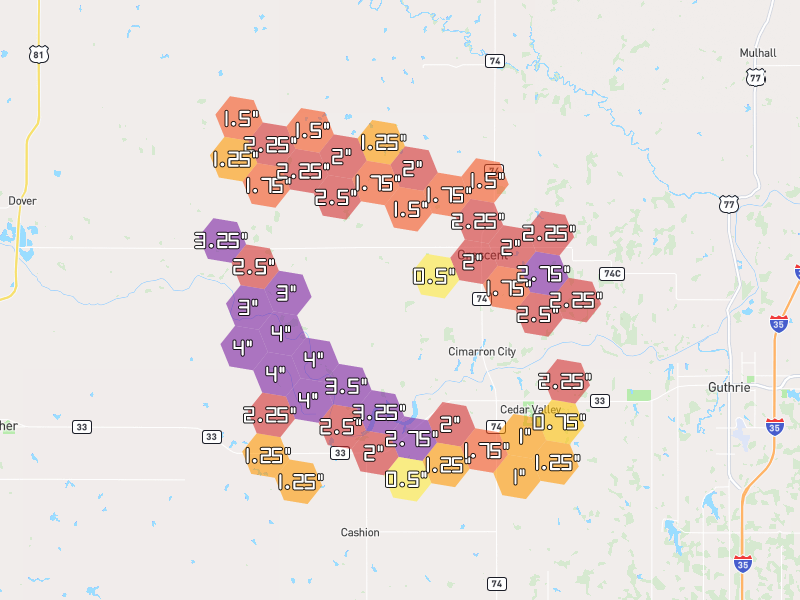 Hail map of Crescent, OK on Jun 27, 2026, hail up to 4"