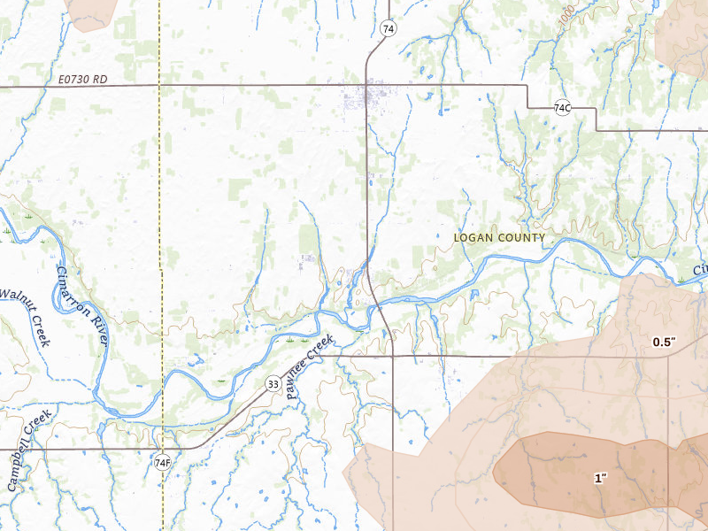 Radar-estimated hail-size map of the storm over Crescent, OK on Jul 4, 2026