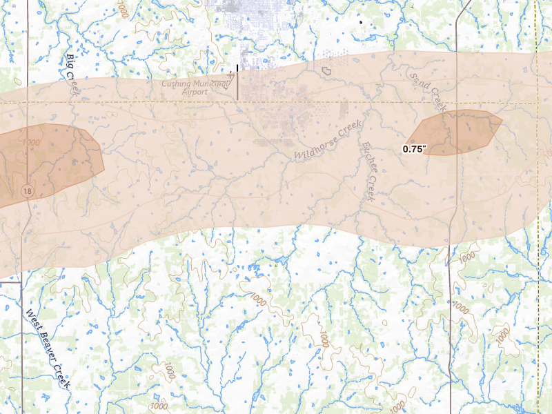 Radar-estimated hail-size map of the storm over Cushing, OK on Mar 1, 2026