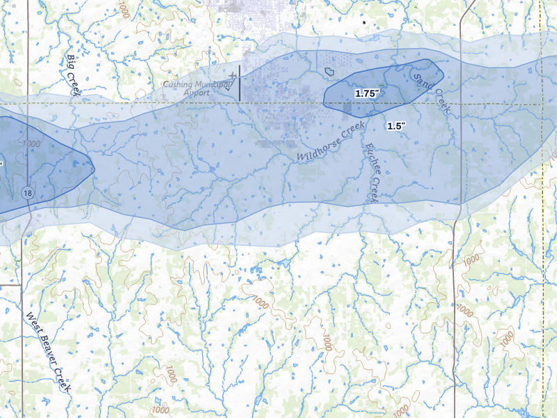 NEXRAD radar-signature map of the hail storm over Cushing, OK on Mar 1, 2026