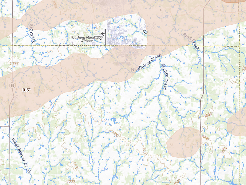 Radar-estimated hail-size map of the storm over Cushing, OK on Apr 28, 2026
