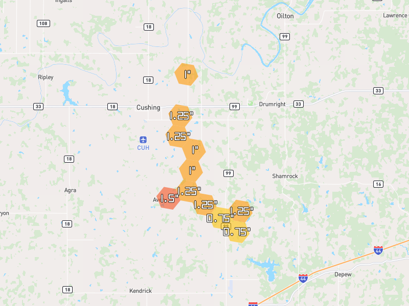 Hail map of Cushing, OK on Jul 5, 2026, hail up to 1.5"