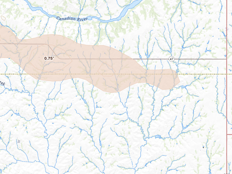 Radar-estimated hail-size map of the storm over Custer City, OK on May 9, 2026