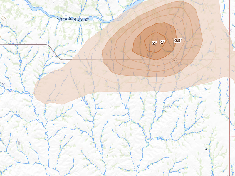 Radar-estimated hail-size map of the storm over Custer City, OK on Jun 26, 2026