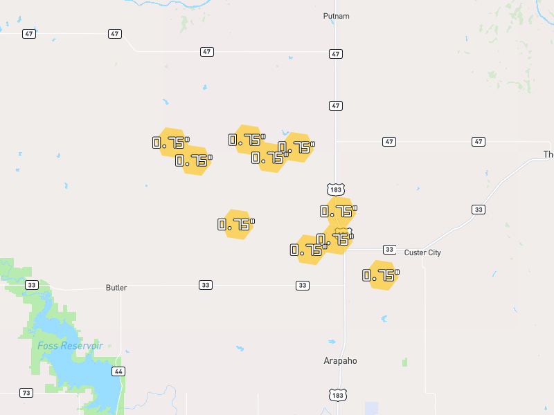 Hail map of Custer City, OK on Jun 26, 2026, hail up to 0.75"