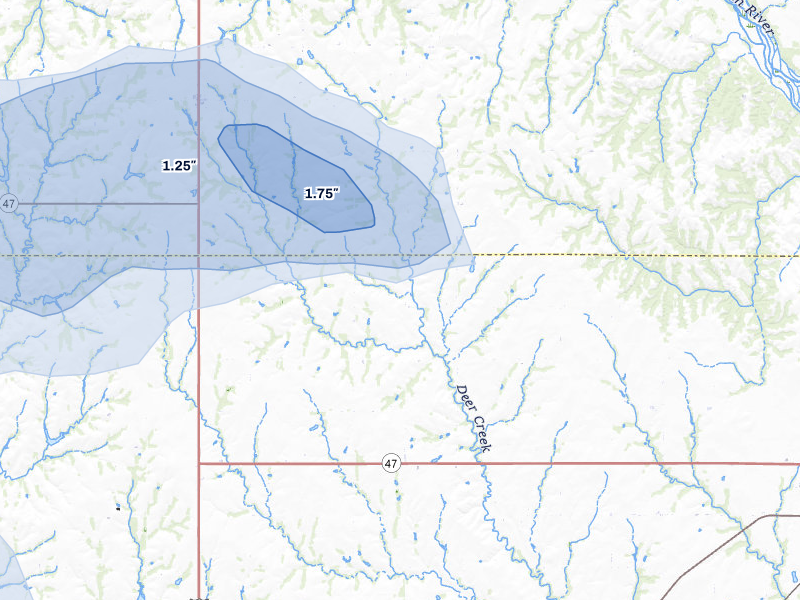 NEXRAD radar-signature map of the hail storm over Custer City, OK on Jul 12, 2026