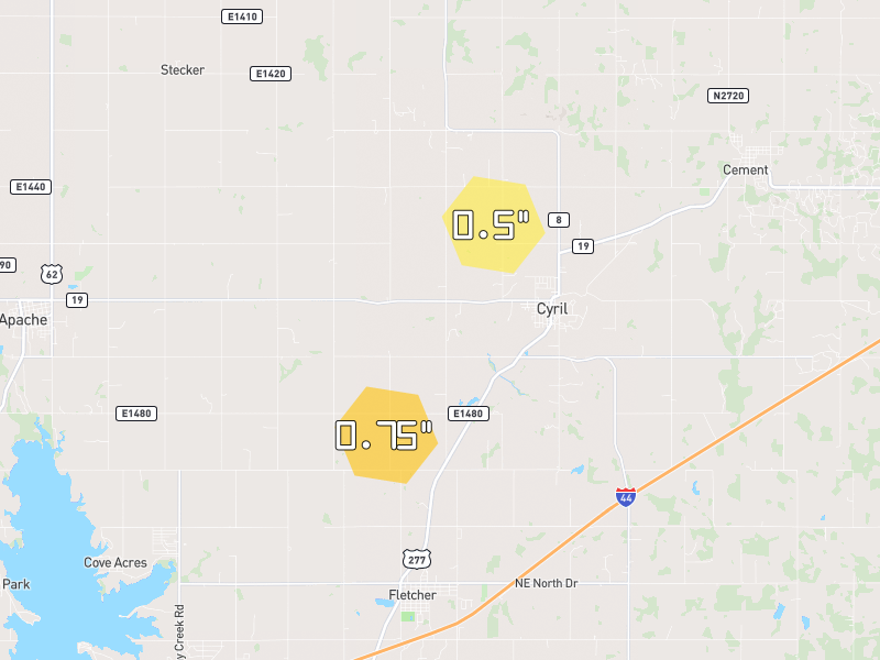 Hail map of Cyril, OK on Jul 5, 2026, hail up to 0.75"