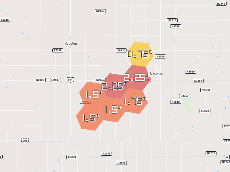 Hail map of Dacoma, OK on Jun 27, 2026, hail up to 2.25"