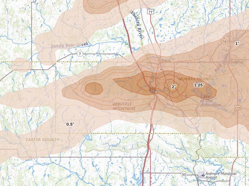 Radar-estimated hail-size map of the storm over Davis, OK on Apr 28, 2026