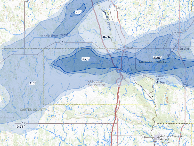 NEXRAD radar-signature map of the hail storm over Davis, OK on Apr 28, 2026
