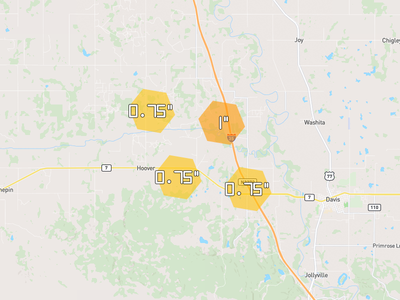 Hail map of Davis, OK on Jun 6, 2026, hail up to 1"