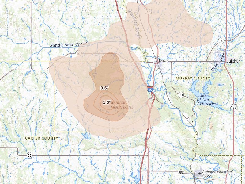 Radar-estimated hail-size map of the storm over Davis, OK on Jun 23, 2026
