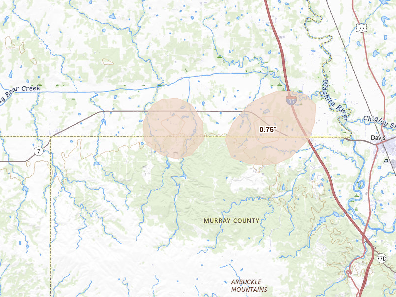 Radar-estimated hail-size map of the storm over Davis, OK on Aug 7, 2026