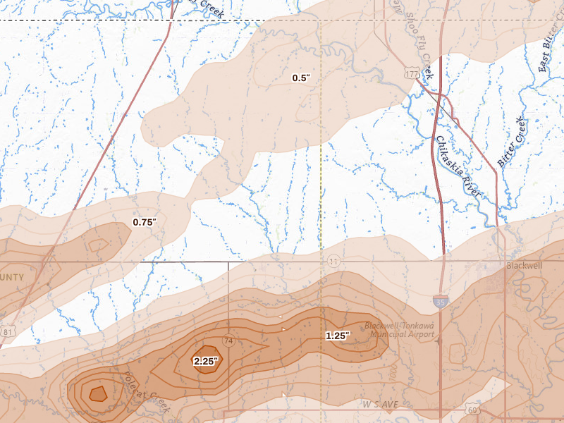 Radar-estimated hail-size map of the storm over Deer Creek, OK on Apr 17, 2026