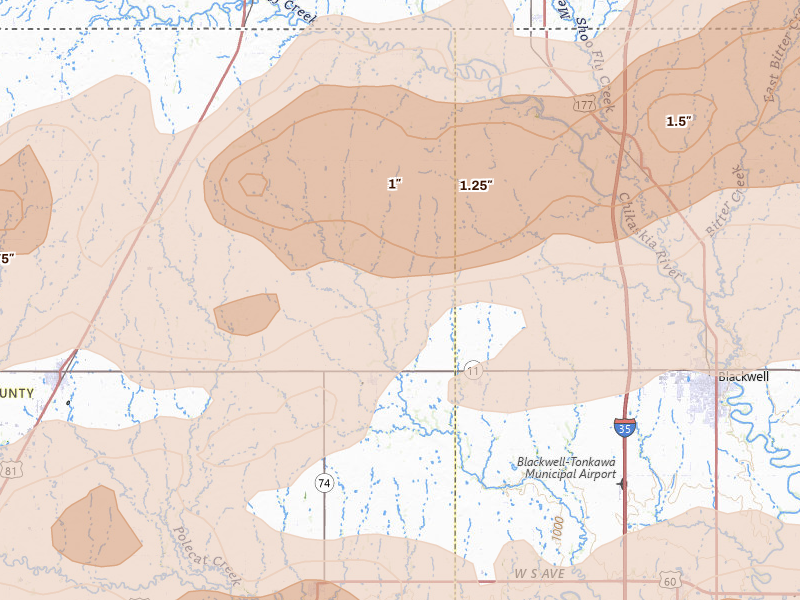 Radar-estimated hail-size map of the storm over Deer Creek, OK on Apr 23, 2026
