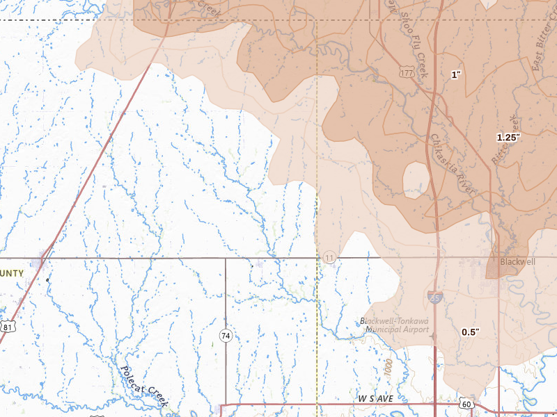 Radar-estimated hail-size map of the storm over Deer Creek, OK on May 18, 2026