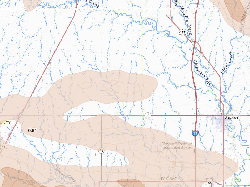 Radar-estimated hail-size map of the storm over Deer Creek, OK on Jun 18, 2026