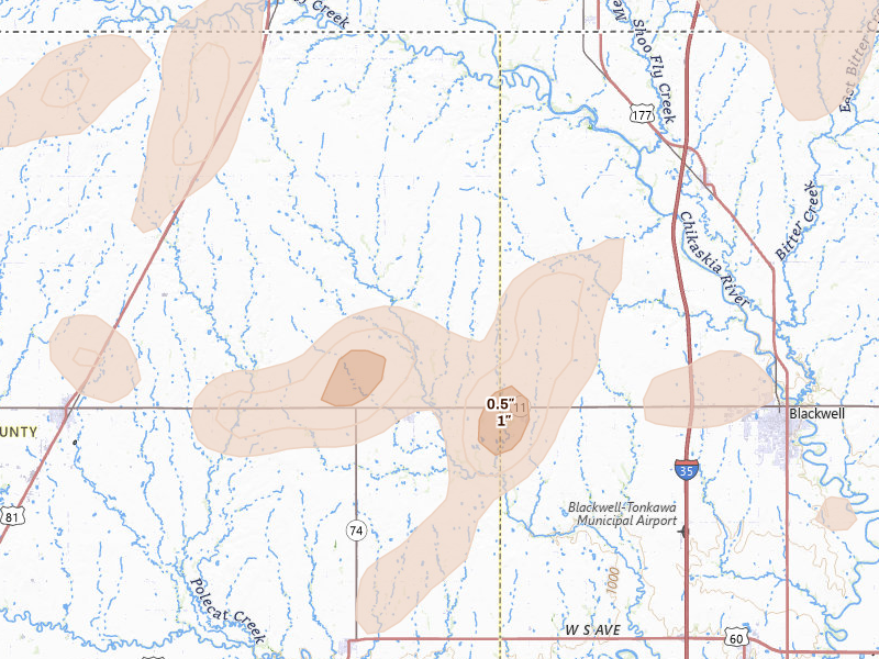 Radar-estimated hail-size map of the storm over Deer Creek, OK on Jun 25, 2026