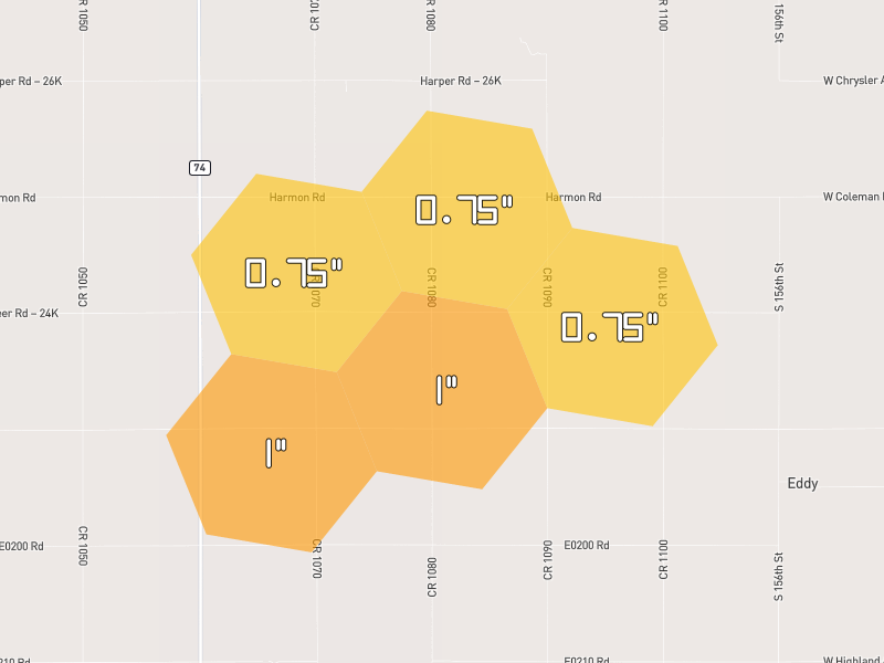 Hail map of Deer Creek, OK on Jun 26, 2026, hail up to 1"
