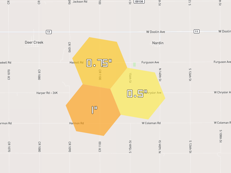 Hail map of Deer Creek, OK on Jun 27, 2026, hail up to 1"