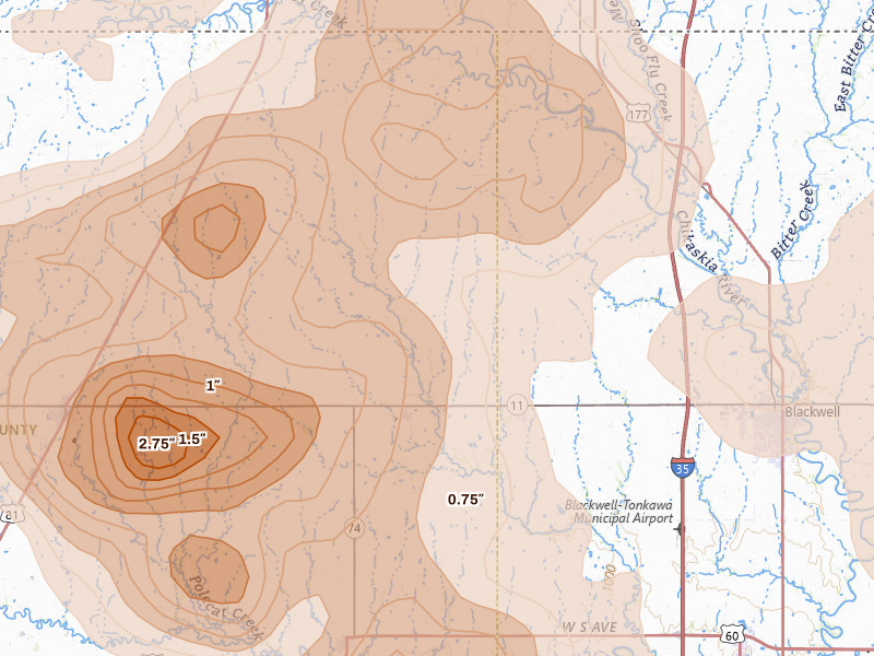 Radar-estimated hail-size map of the storm over Deer Creek, OK on Jul 4, 2026