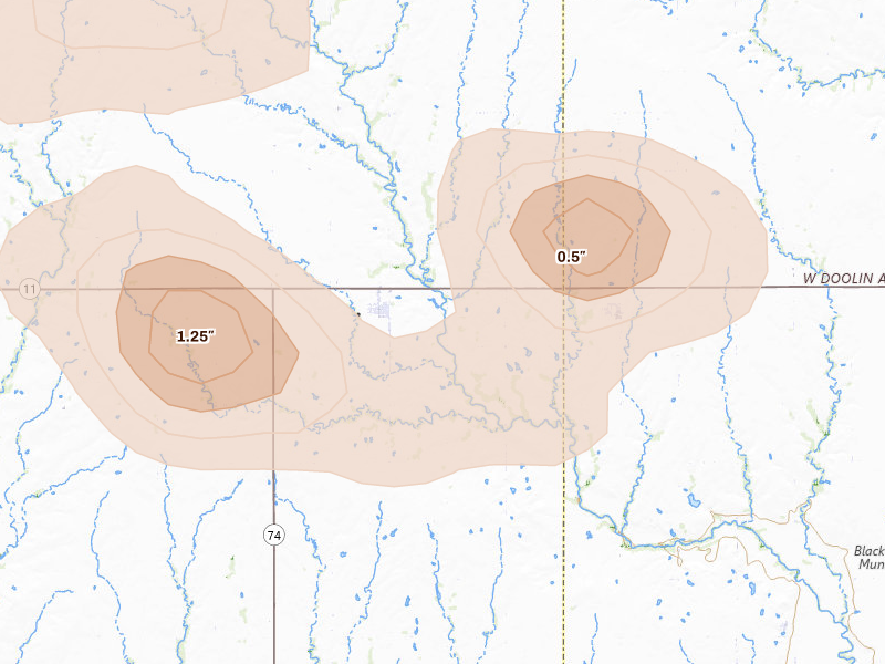 Radar-estimated hail-size map of the storm over Deer Creek, OK on Aug 7, 2026