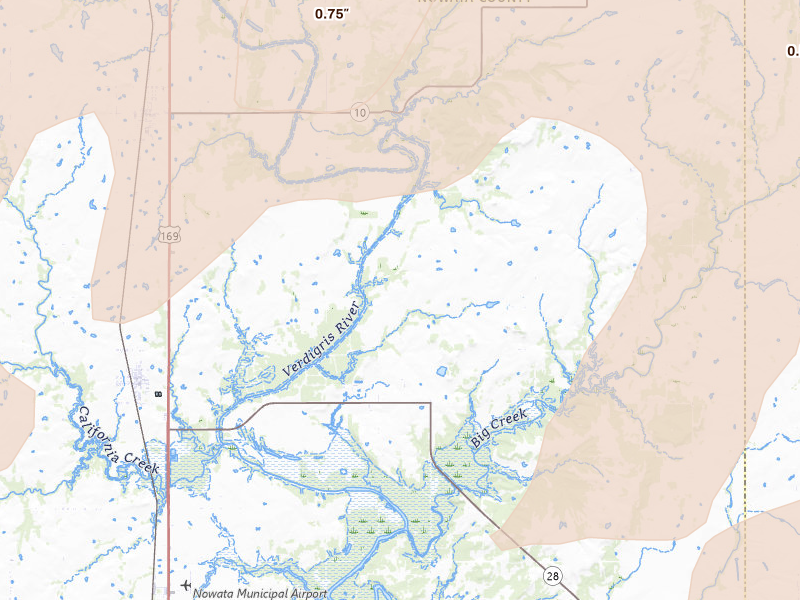 Radar-estimated hail-size map of the storm over Delaware, OK on Apr 23, 2026