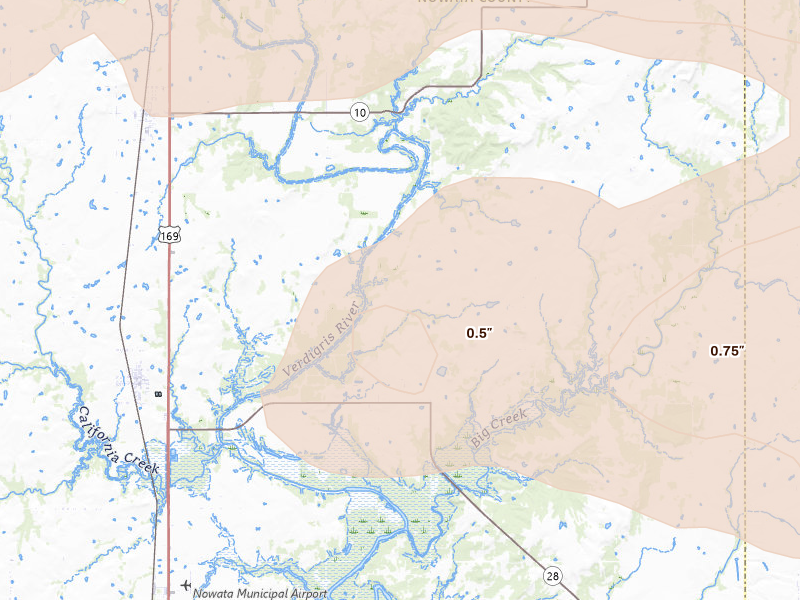 Radar-estimated hail-size map of the storm over Delaware, OK on Apr 25, 2026