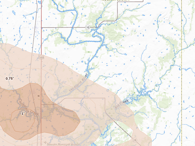 Radar-estimated hail-size map of the storm over Delaware, OK on May 29, 2026