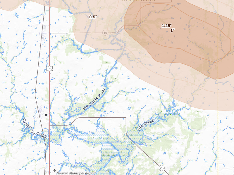 Radar-estimated hail-size map of the storm over Delaware, OK on Jun 26, 2026