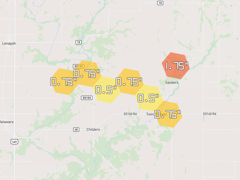 Hail map of Delaware, OK on Jun 27, 2026, hail up to 1.75"
