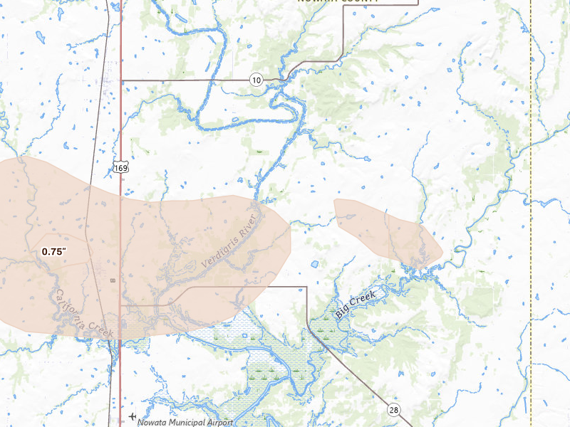 Radar-estimated hail-size map of the storm over Delaware, OK on Jul 4, 2026
