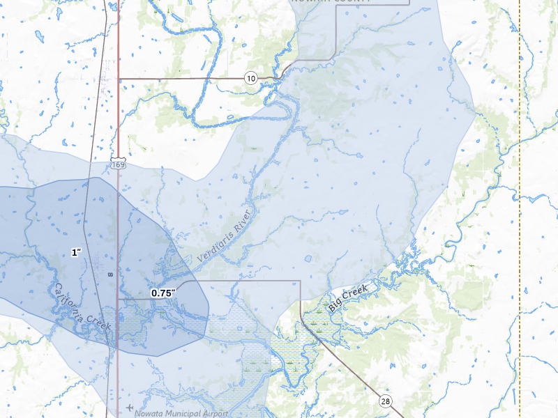NEXRAD radar-signature map of the hail over Delaware, OK