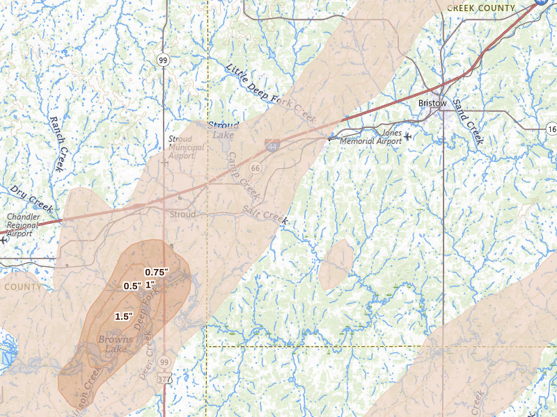 Radar-estimated hail-size map of the storm over Depew, OK on Mar 6, 2026
