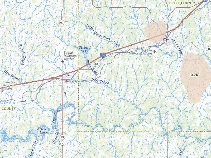 Radar-estimated hail-size map of the storm over Depew, OK on Apr 10, 2026