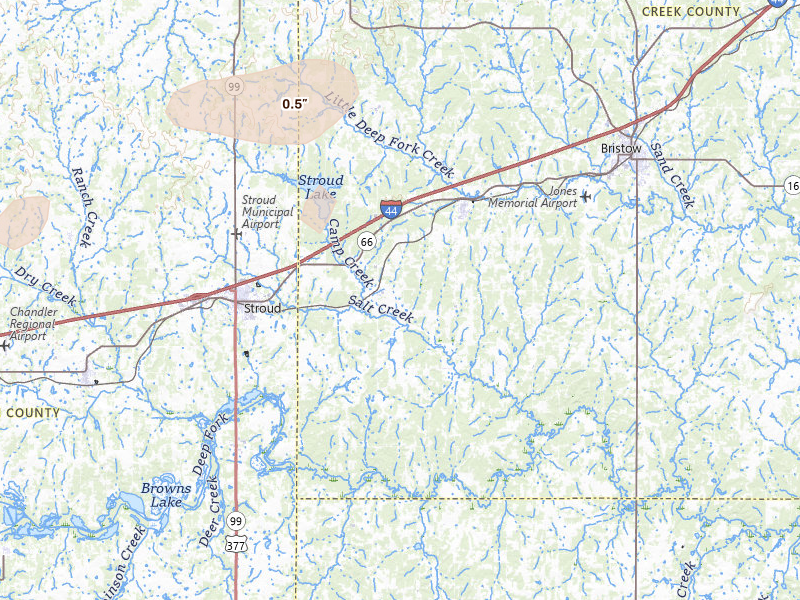 Radar-estimated hail-size map of the storm over Depew, OK on Jun 23, 2026