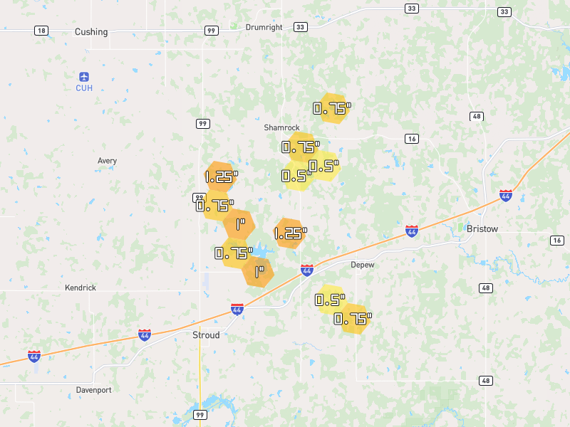 Hail map of Depew, OK on Jul 5, 2026, hail up to 1.25"