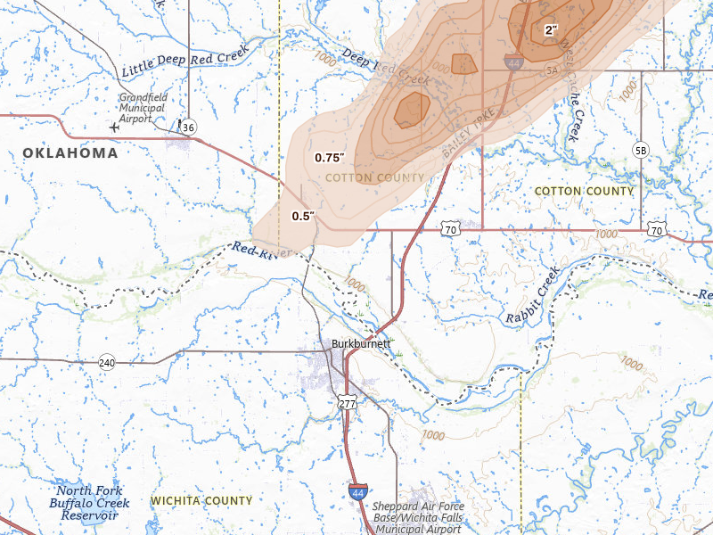 Radar-estimated hail-size map of the storm over Devol, OK on Mar 10, 2026