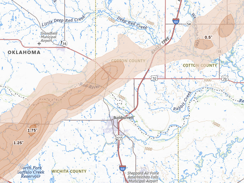 Radar-estimated hail-size map of the storm over Devol, OK on Apr 14, 2026