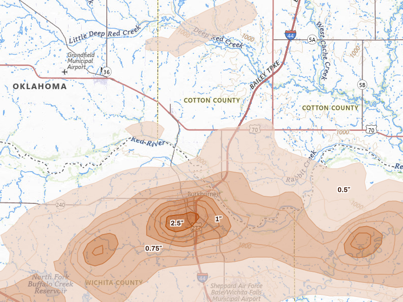Radar-estimated hail-size map of the storm over Devol, OK on Apr 26, 2026