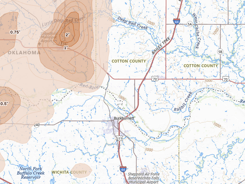 Radar-estimated hail-size map of the storm over Devol, OK on May 8, 2026