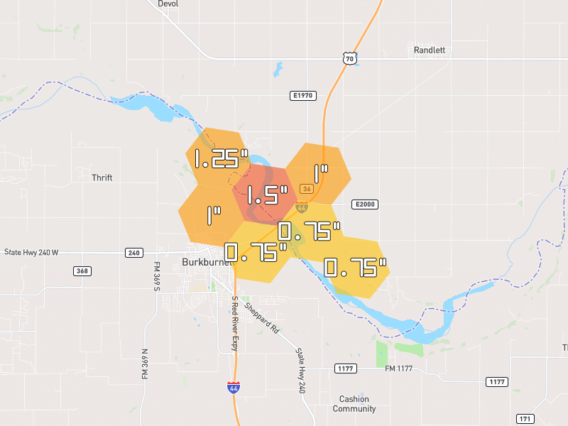 Hail map of Devol, OK on Jul 5, 2026, hail up to 1.5"