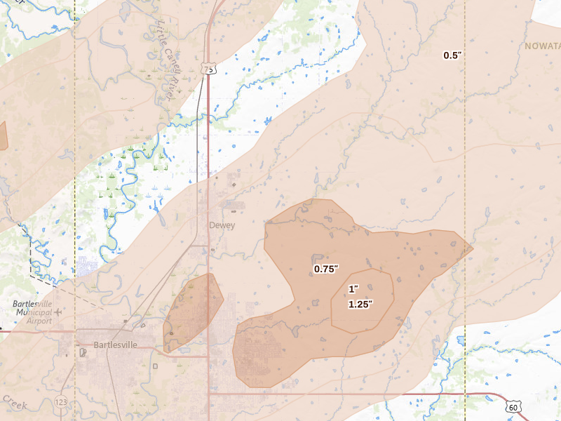 Radar-estimated hail-size map of the storm over Dewey, OK on Apr 28, 2026