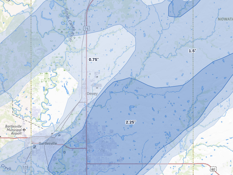 NEXRAD radar-signature map of the hail storm over Dewey, OK on Apr 28, 2026