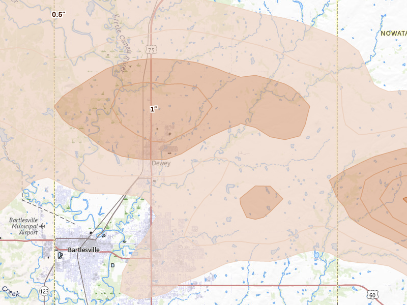 Radar-estimated hail-size map of the storm over Dewey, OK on May 29, 2026