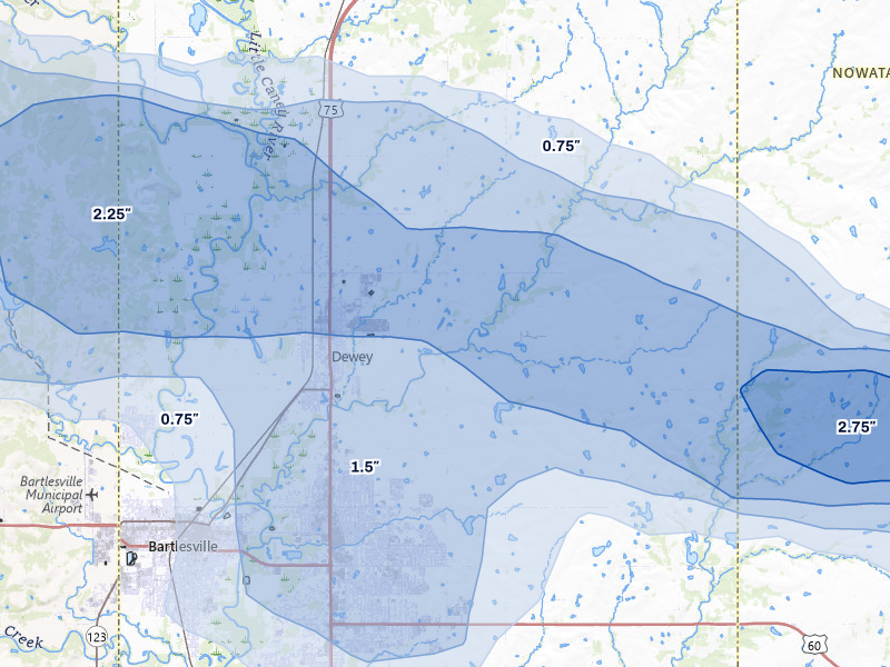 NEXRAD radar-signature map of the hail storm over Dewey, OK on May 29, 2026