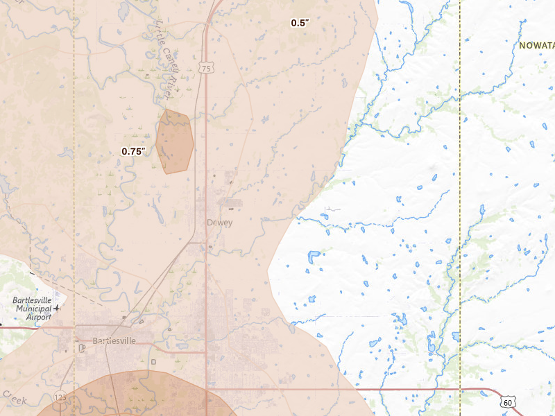 Radar-estimated hail-size map of the storm over Dewey, OK on Jul 4, 2026